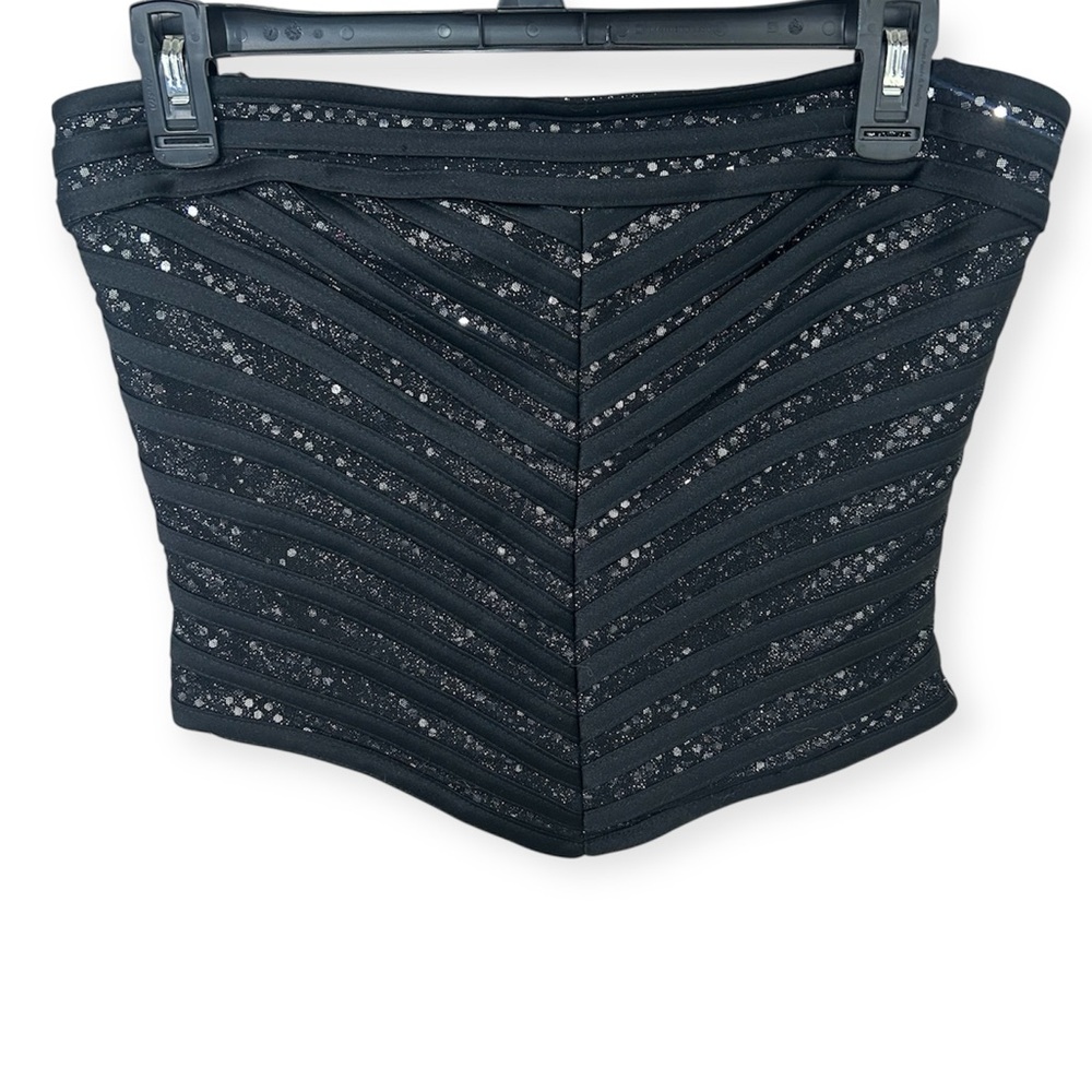 Tadashi Shoji Black Sequin Striped Mesh Tube top